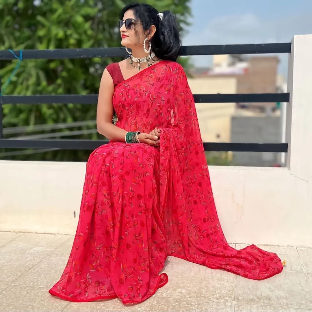 Women Printed Red Saree with Unstitched Blouse (ANC0002)