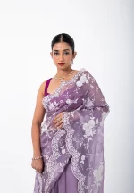Lavender Legacy: Pure Organza saree with Kora work - Image 4
