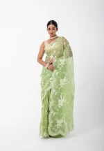 Green Apple Glow/ Pure Organza saree with Kora work - Image 2