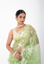Green Apple Glow/ Pure Organza saree with Kora work - Image 3