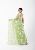 Green Apple Glow/ Pure Organza saree with Kora work - Image 4