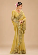 Designer Wedding Party Wear Golden Yellow Tissue Zari Saree With Heavy Blosue