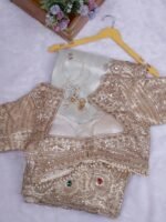 cream pure kanjivaram silk saree with heavy embroidery x stone work - Image 3