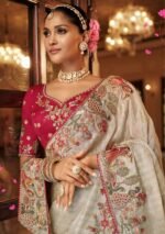 Premium Soft Tissue Silk Embroidery Work Saree With Maroon Heavy Blosue - Image 2
