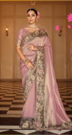 Designer Tissue Zari Saree with Olive Green Embroidered Border With Heavy Blouse - Image 2