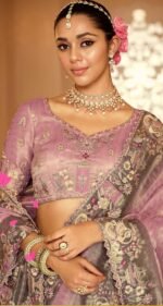 Designer Tissue Zari Saree with Olive Green Embroidered Border With Heavy Blouse - Image 3