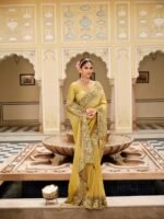 Designer Wedding Party Wear Golden Yellow Tissue Zari Saree With Heavy Blosue - Image 3