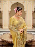 Designer Wedding Party Wear Golden Yellow Tissue Zari Saree With Heavy Blosue - Image 2