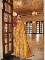 Premium Mustard Yellow Tissue Silk Embroidery Work Saree With Maroon Heavy Blosue