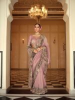 Designer Tissue Zari Saree with Olive Green Embroidered Border With Heavy Blouse